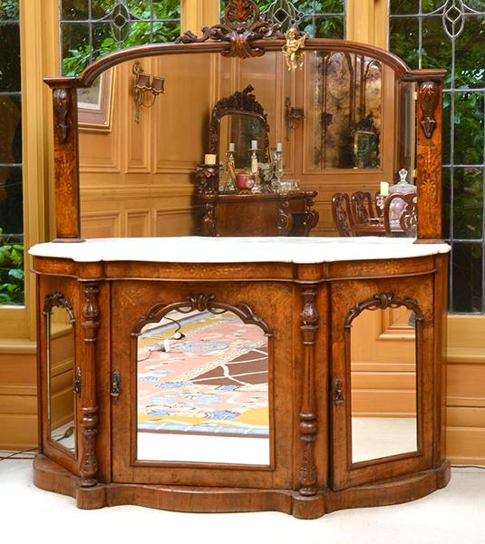 Appraisal: VICTORIAN WALNUT INLAID MIRROR BACKED MARBLE TOP CREDENZA H XW