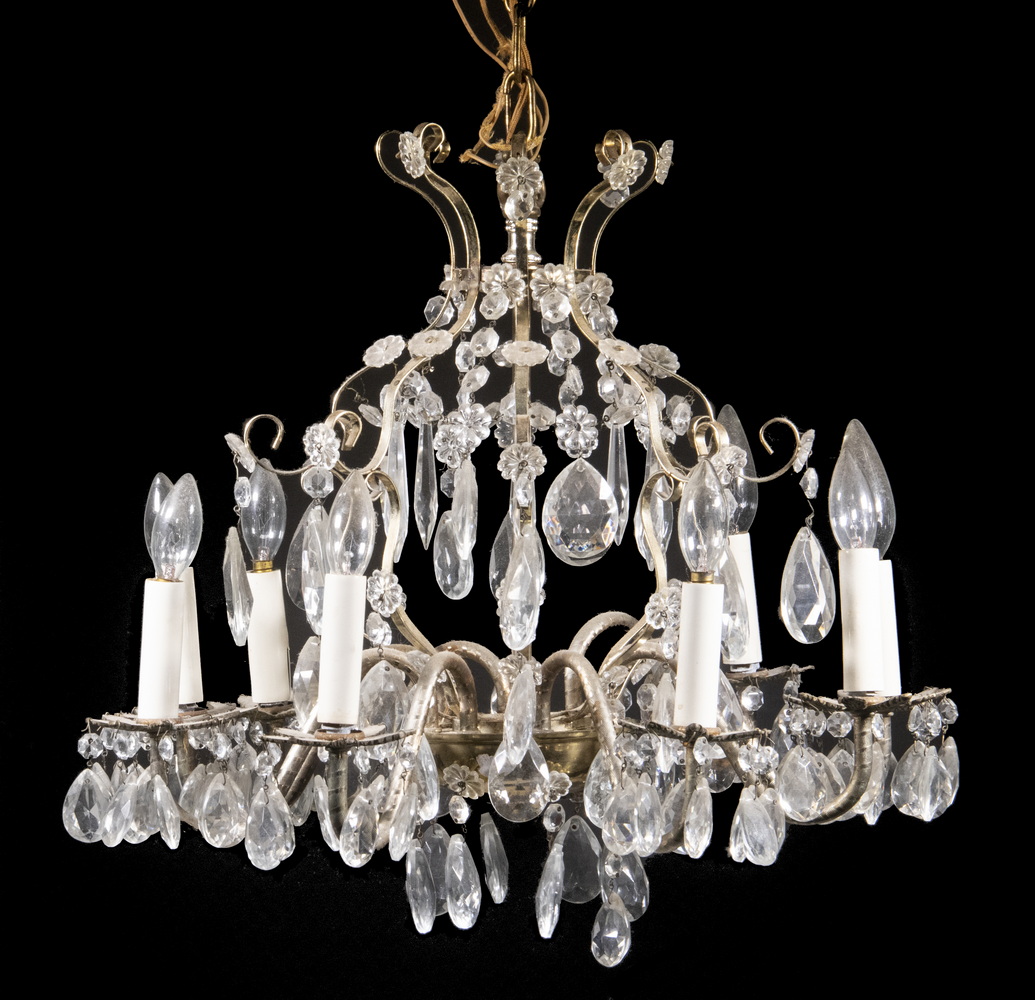 Appraisal: SMALL ITALIAN STYLE CRYSTAL CHANDELIER WITH BRASS FRAME ELECTRIC CIRCA