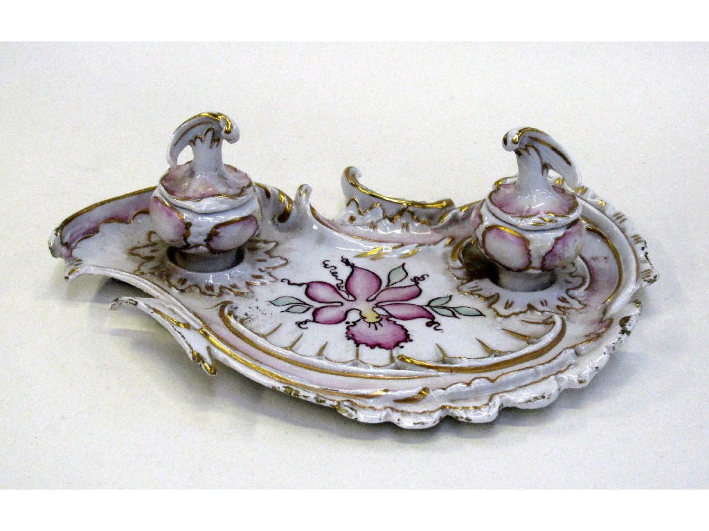 Appraisal: Scheibe porcelain deskstand with two inkwells and painted decoration def