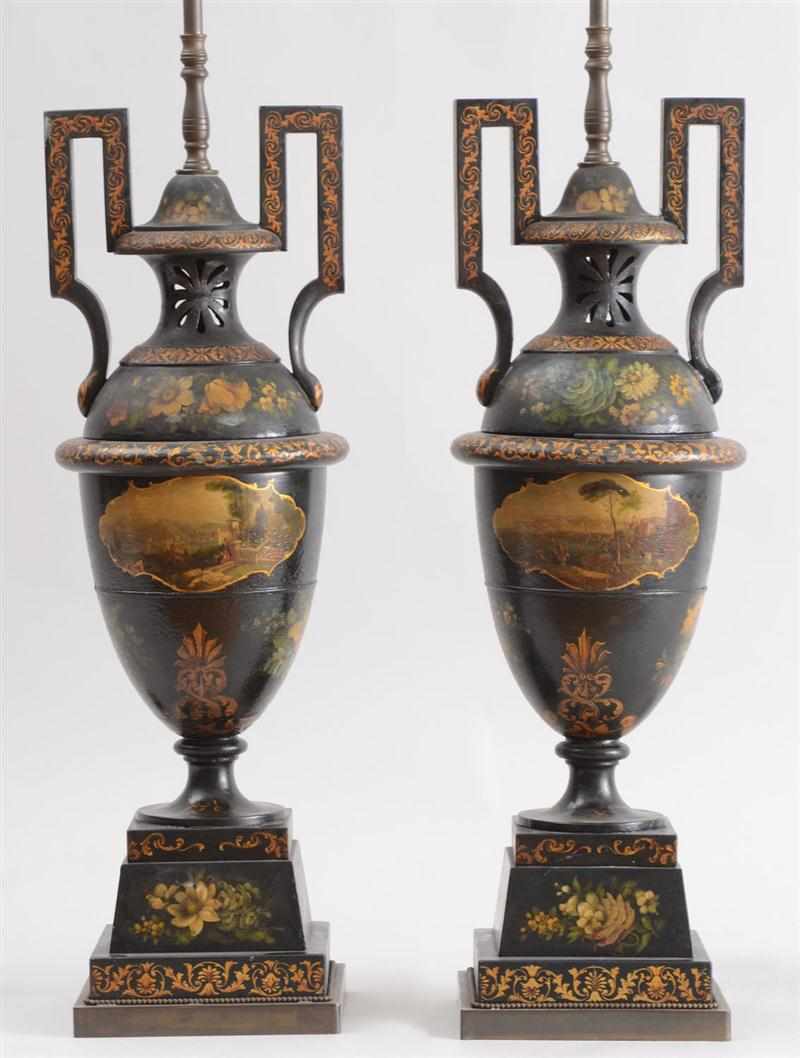 Appraisal: PAIR OF BLACK-GROUND PAINTED CAST-IRON TWO-HANDLED URNS MOUNTED AS LAMPS