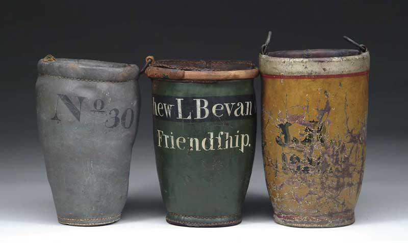 Appraisal: LOT OF THREE PAINTED LEATHER FIRE BUCKETS All with damage