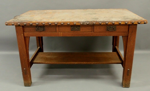 Appraisal: Stickley mission oak library table with leather top h x