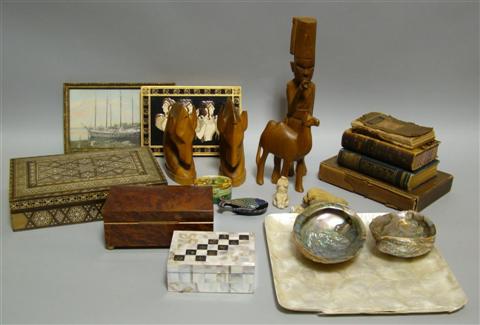 Appraisal: GROUP OF DECORATIVE OBJECTS Including wooden figures and animals decorative