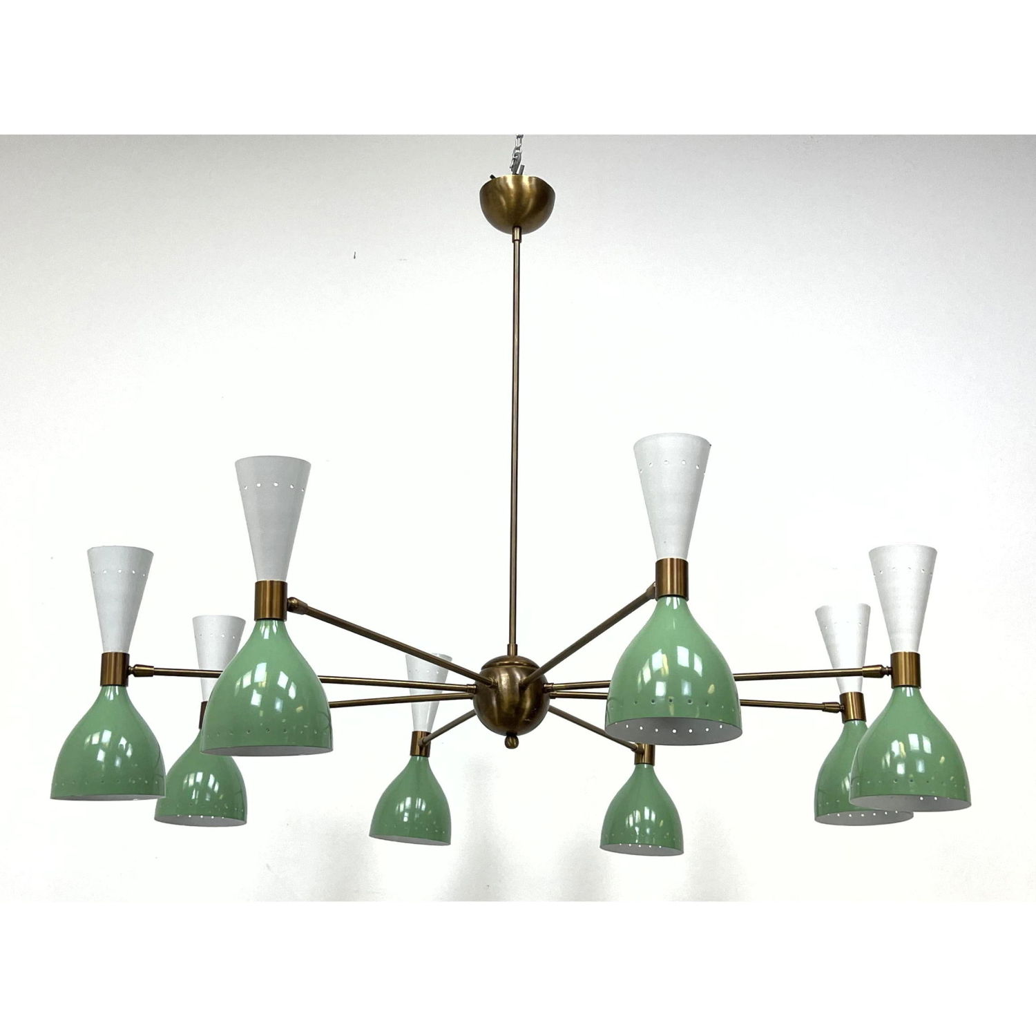 Appraisal: Large Stilnovo head chandelier Green and white Brass center Unmarked