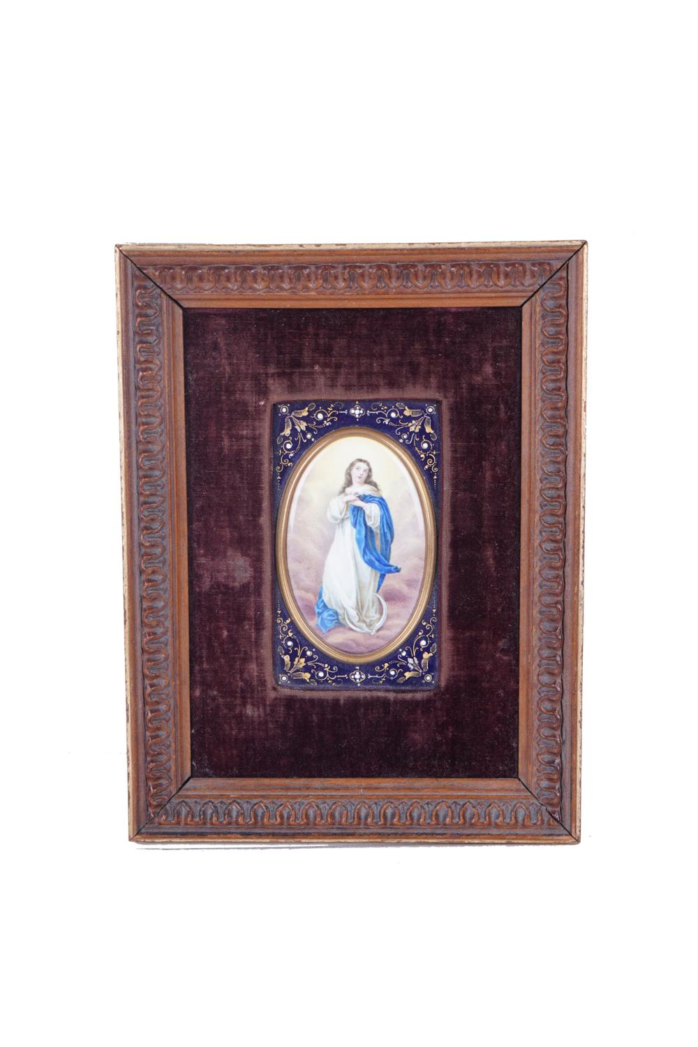 Appraisal: MINIATURE PLAQUE OF MADONNApainted porcelain and enamel x inches Condition