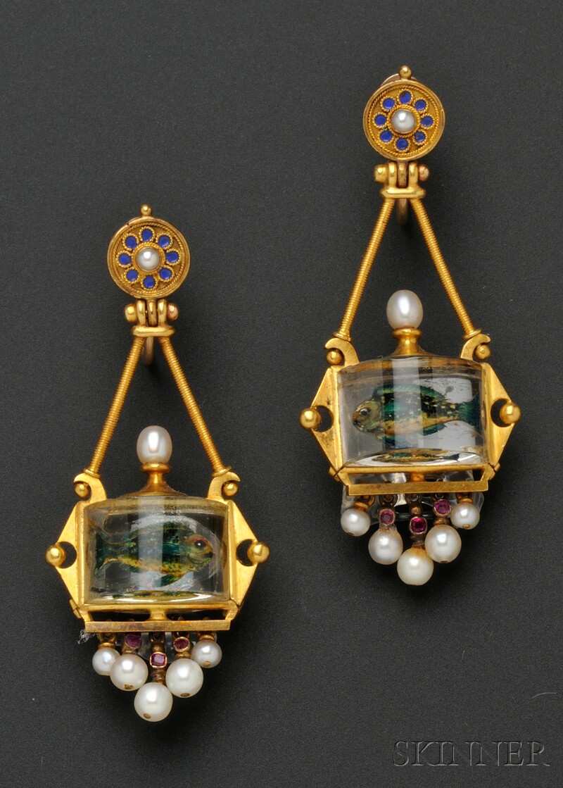 Appraisal: Antique kt Gold and Reverse-painted Crystal Fishbowl Earpendants c s