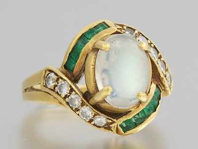 Appraisal: A Ladies' Moonstone Diamond and Emerald Ring Tested k yellow