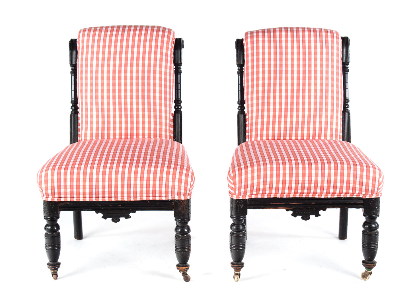 Appraisal: Pair of Eastlake style upholstered slipper chairs circa round turned