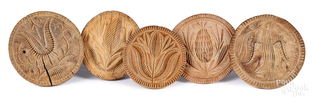 Appraisal: Five turned and carved butterprints th c Five turned and