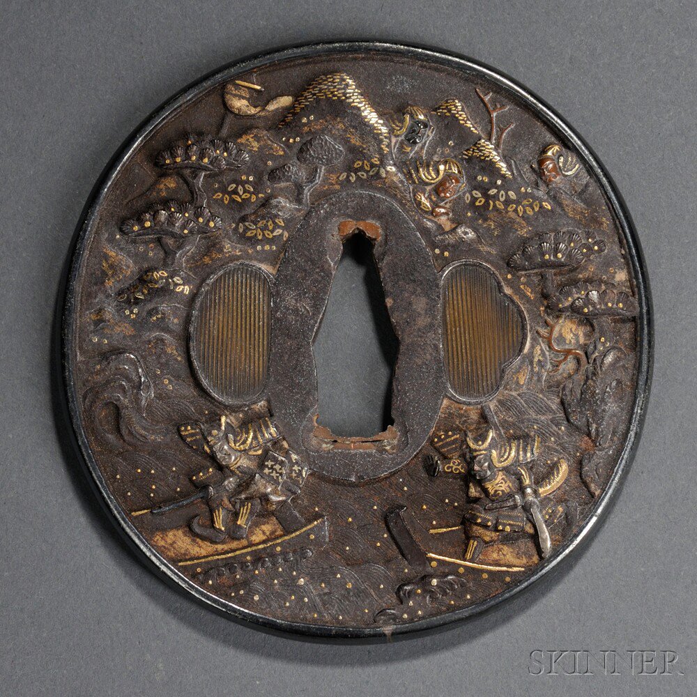 Appraisal: Tsuba Japan iron with carved decorations showing warriors in a