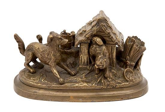 Appraisal: A Bronze Inkwell of Dog Barking at a Cat in