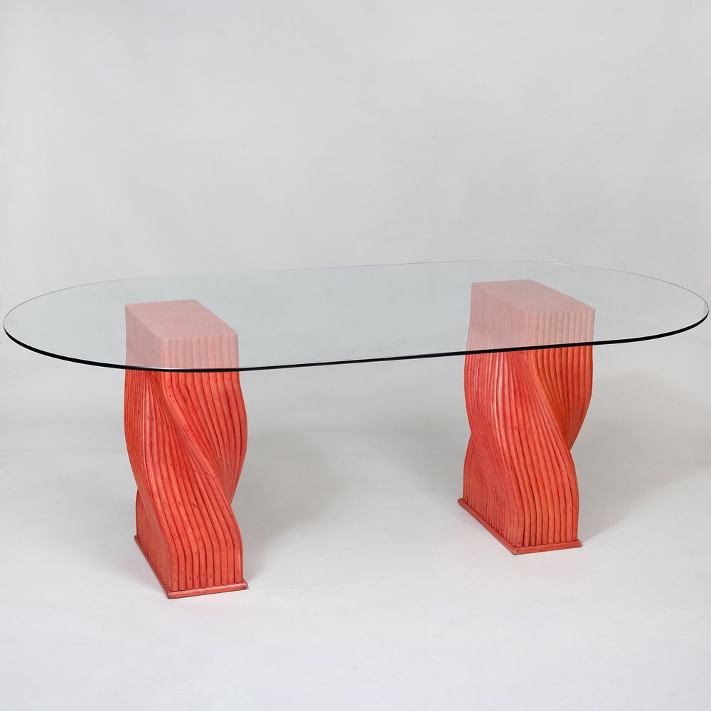 Appraisal: McGuire Red Painted Bamboo and Glass Low Table x x