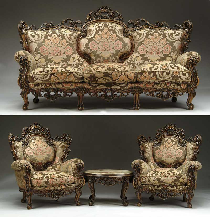 Appraisal: MASSIVE FOUR PIECE UPHOLSTERED AND CARVED PARLOR SET Set consists