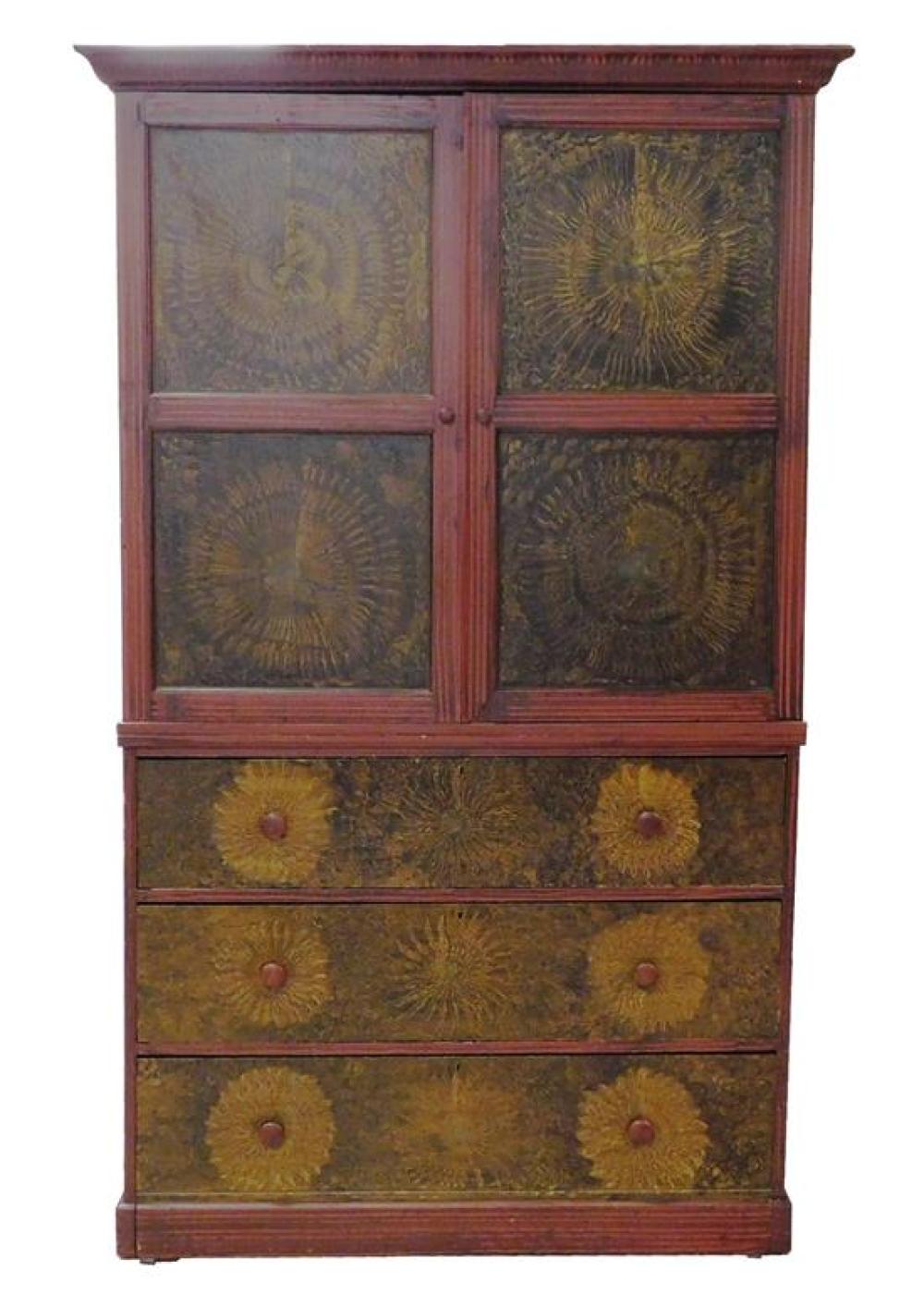 Appraisal: Grain painted linen press th C two part cabinet with