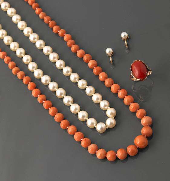 Appraisal: A collection of coral cultured pearl and gold jewelry comprising