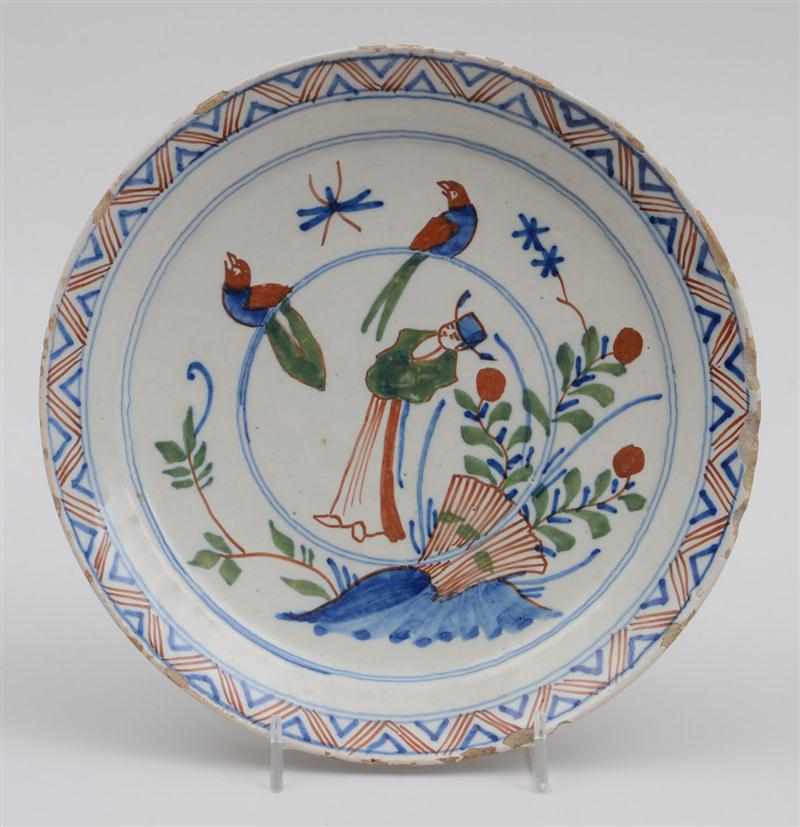 Appraisal: DUTCH DELFT POLYCHROME DISH Circa painted with a Chinaman beside