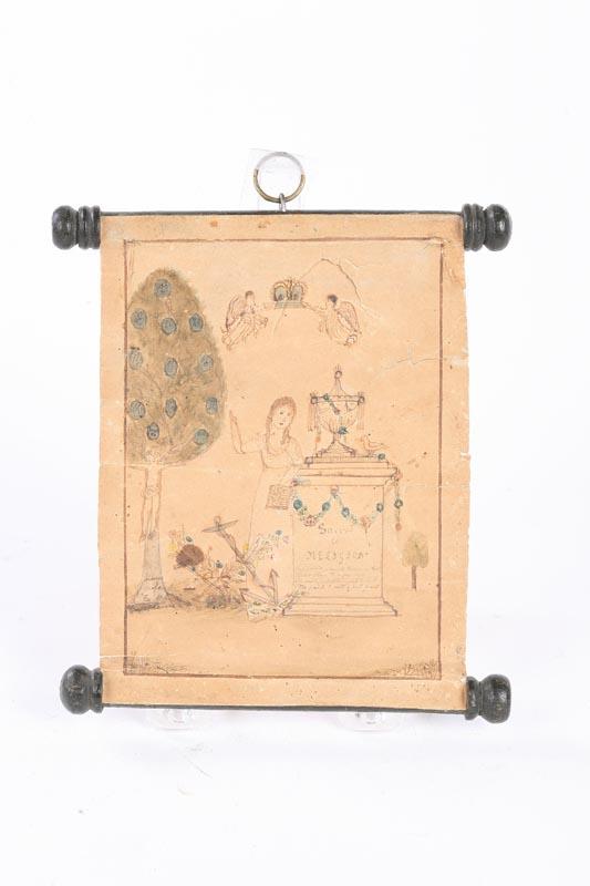 Appraisal: MINIATURE SCROLL Probably American dated watercolor on paper Figure of