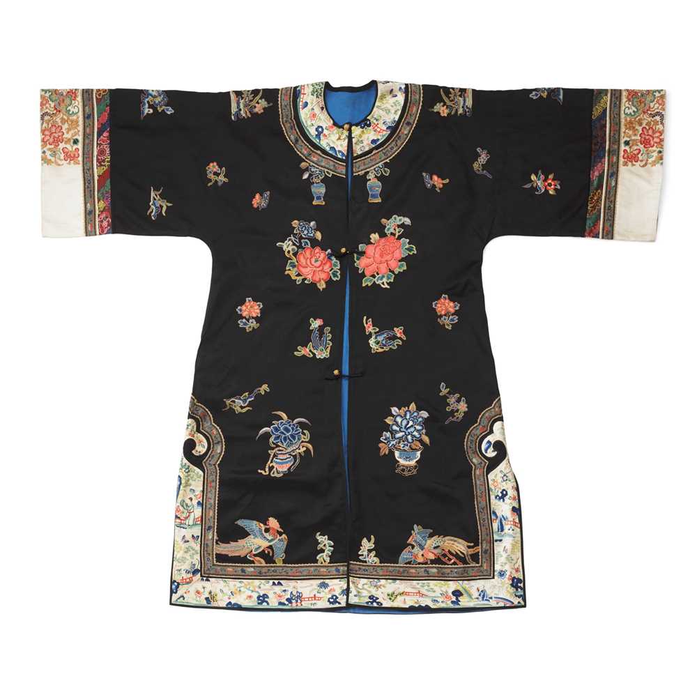 Appraisal: BLACK-GROUND SILK EMBROIDERED LADY'S OVERCOAT LATE QING DYNASTY-REPUBLIC PERIOD TH-