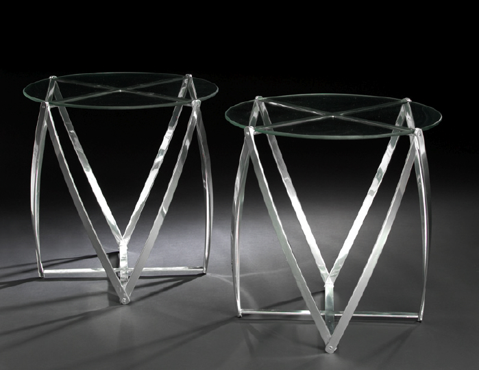 Appraisal: Pair of Stylish Polished Steel and Glass-Top Occasional Tables third