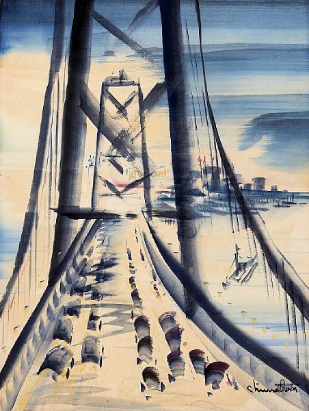 Appraisal: Chiura Obata - Bay Bridge Watercolor on paper depicting the