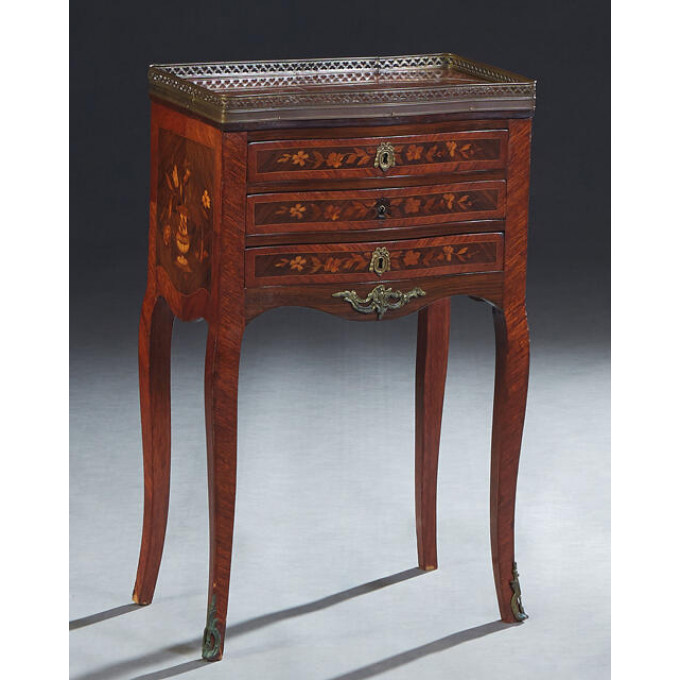 Appraisal: French Marble Top Marquetry Inlaid Mahogany Ormolu Mounted Night Stand