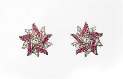 Appraisal: A pair of ruby and diamond flower head earrings Set