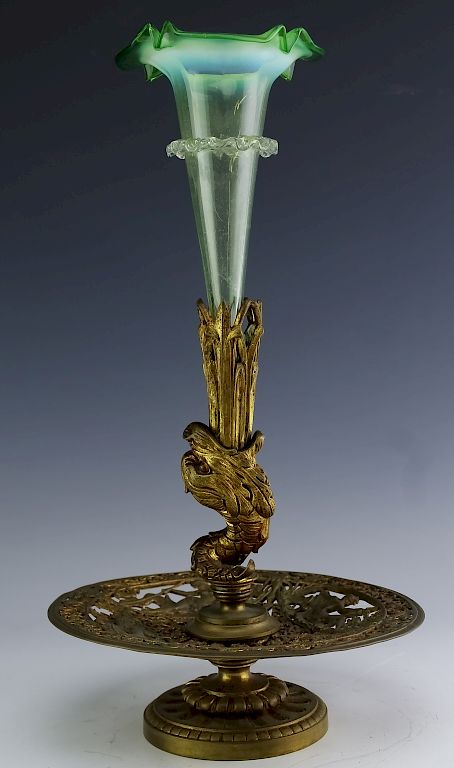 Appraisal: Antique French Bronze Dolphin Art Glass Epergne Crafted of cast