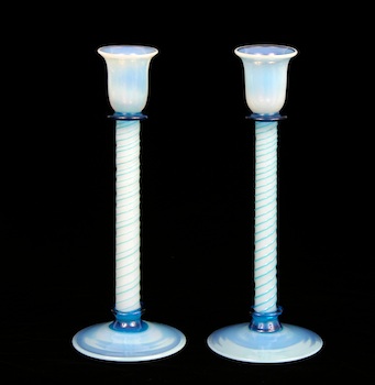 Appraisal: A Pair of Glass Candlesticks A pair of opalescent blue