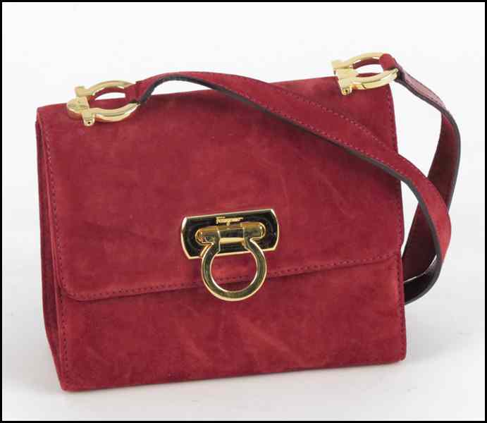 Appraisal: SALVATORE FERRAGAMO RED SUEDE HANDBAG '' x '' '' Condition