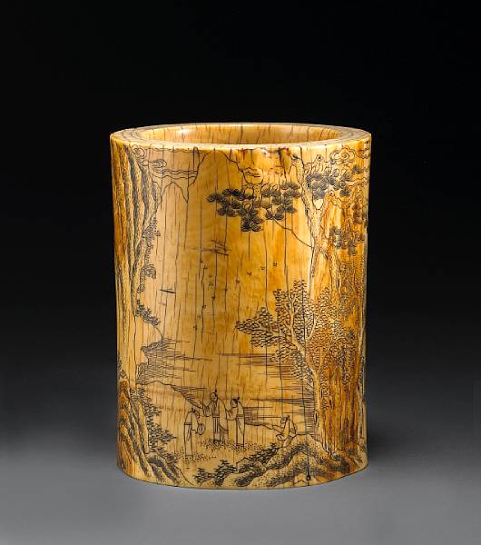 Appraisal: A carved ivory brush pot Bitong th th Century Of