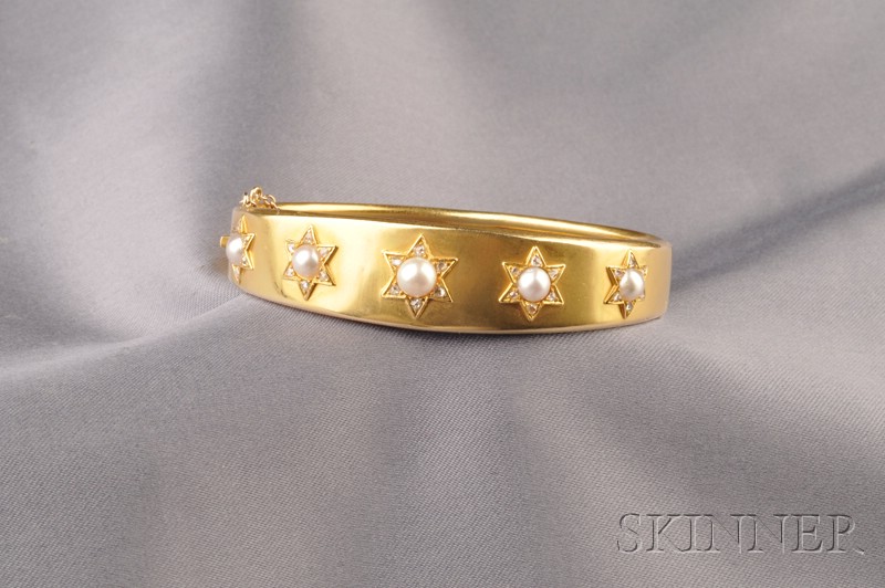 Appraisal: Antique kt Gold Pearl and Diamond Bangle the slightly tapering