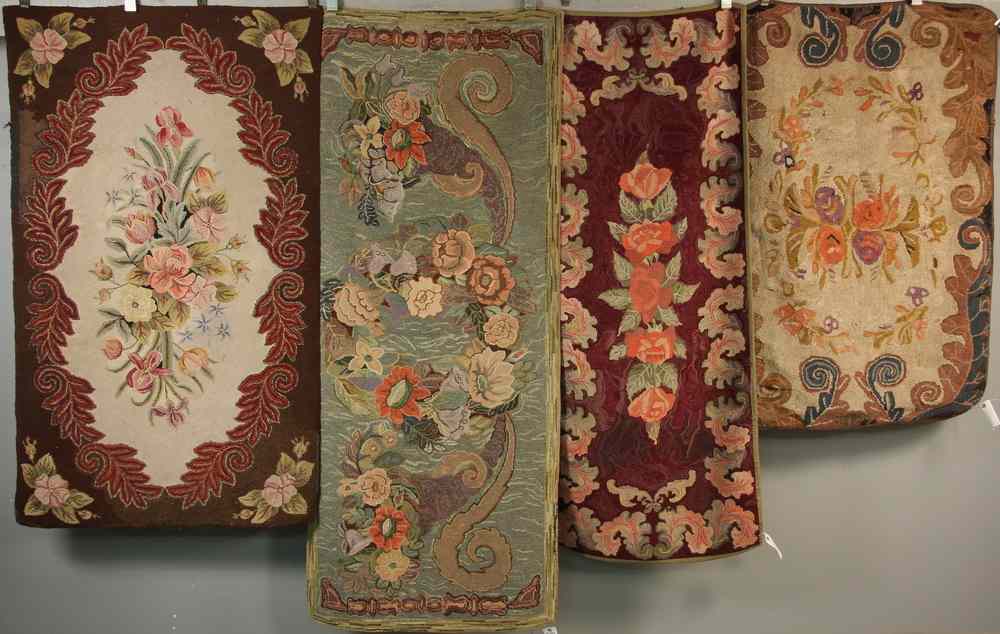 Appraisal: HOOKED RUGS - Four Vintage Floral Hooked Rugs including green