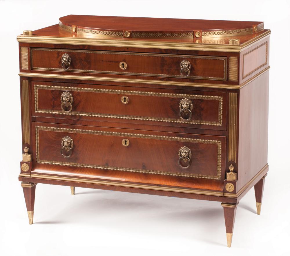 Appraisal: Antique Russian Neoclassical-Style Bronze-Mounted Mahogany Commode stepped demilune top three