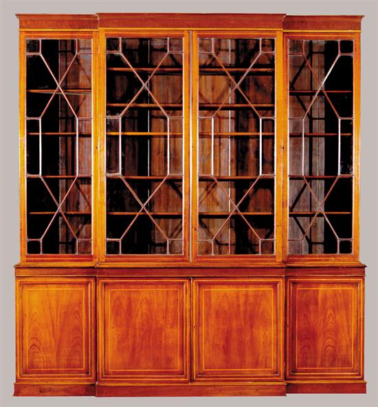 Appraisal: George III style inlaid mahogany breakfront bookcase late th century