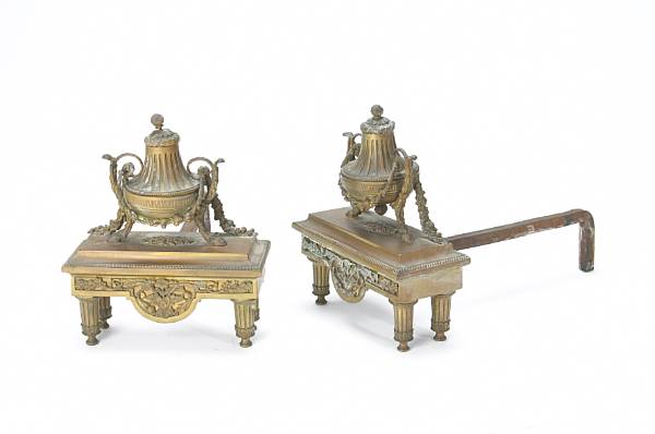 Appraisal: A pair of Louis XVI style bronze chenets early th