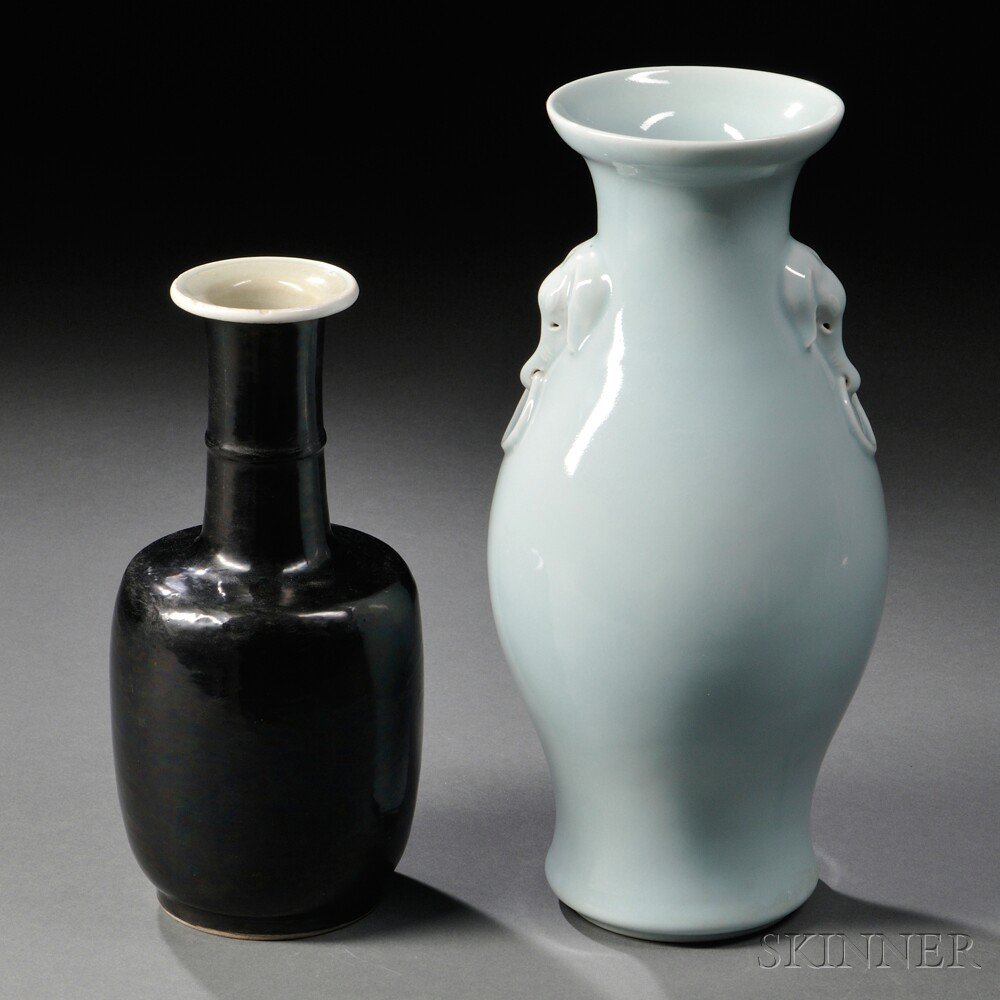 Appraisal: Clair-de-Lune Vase and Mirror Black Vase China th th century