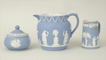 Appraisal: Wedgwood Blue Jasperware Large Pitcher Small Pitcher and Sugar Bowl