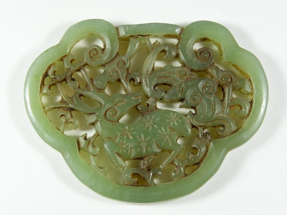 Appraisal: Chinese Carved Celadon Jade Openwork Deer Plaque China Qing Dynasty