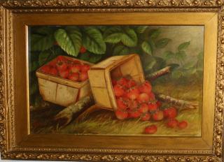 Appraisal: th c naieve oil on board still life of strawberries