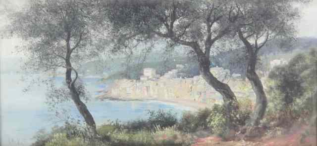 Appraisal: th Century Continental School Mediterranean Bay with Village indistinctly signed