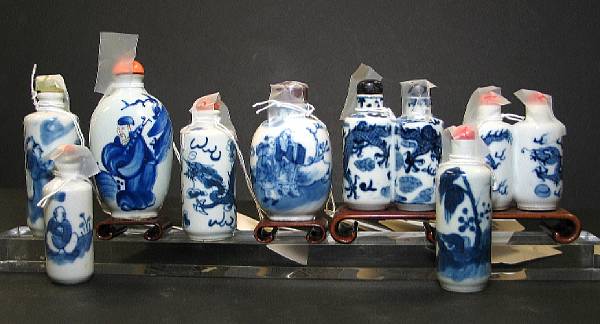 Appraisal: A group of seven blue and white porcelain snuff bottles