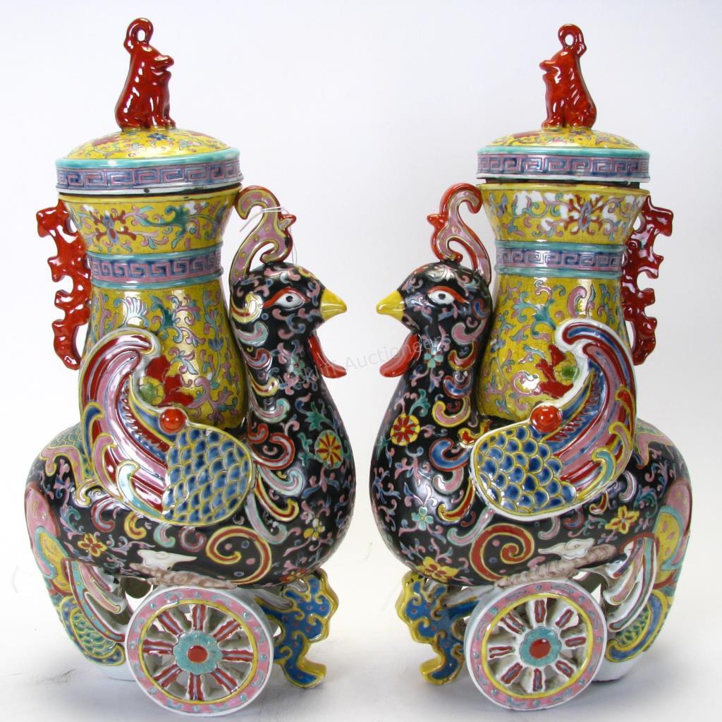 Appraisal: Pair of Oriental Porcelain Rooster Jars hand enameled jars depicting