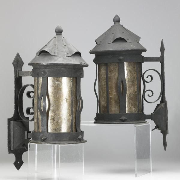 Appraisal: ARTS CRAFTS LIGHTING Pair of cylindrical hammered copper lanterns with