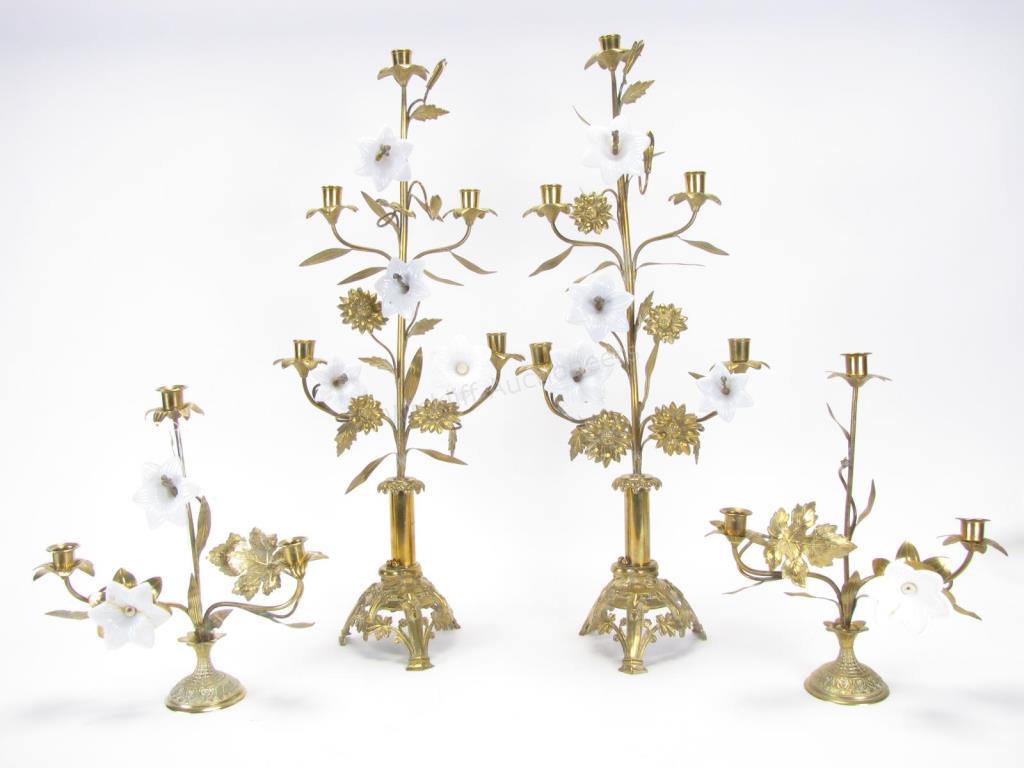 Appraisal: Two Pair of Brass Candelabra Porcelain Flowers pair of five