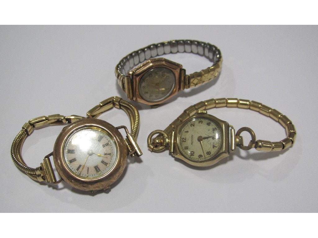 Appraisal: Three early mid th century ct gold cased wrist watches