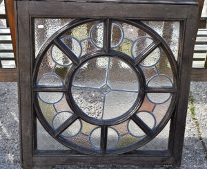 Appraisal: Oak square framed stained glass window a f