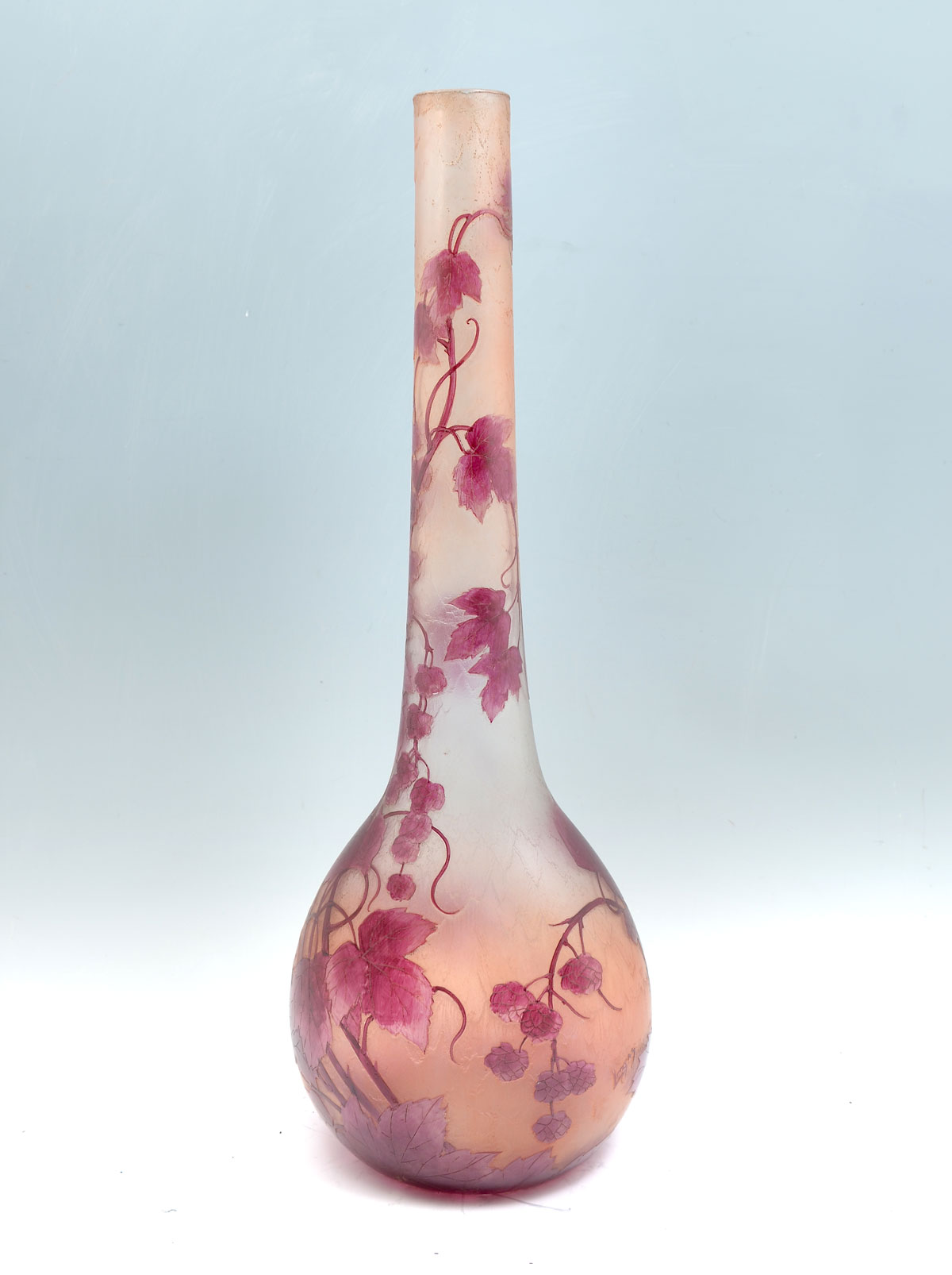 Appraisal: LARGE LEGRAS CAMEO RASPBERRY VINE BOTTLE VASE Circa acid cut