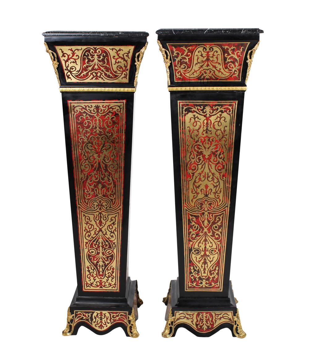 Appraisal: PAIR OF MARBLE-TOP BOULLE PEDESTALSeach with a few minor nicks