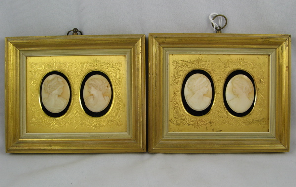 Appraisal: TWO FRAMED PAIRS OF ITALIAN CARVED CORNELIAN CAMEO MEDALLIONS of