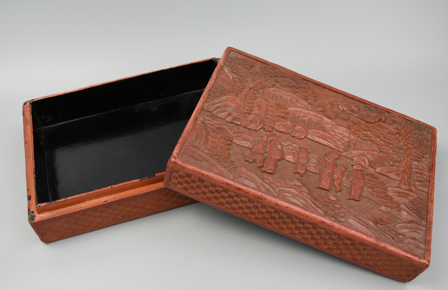 Appraisal: CHINESE CARVED RED LACQUER BOX W FIGURES TH C A